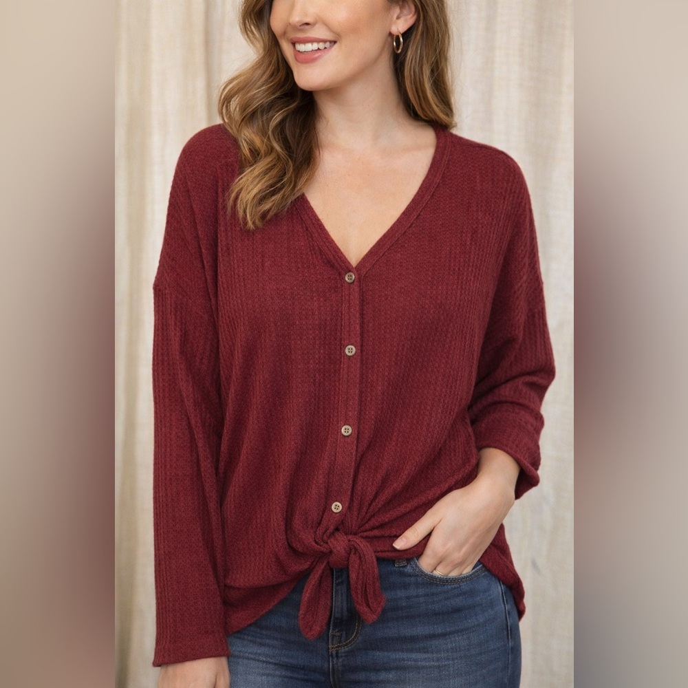 Burgundy Button-Down Knit Top